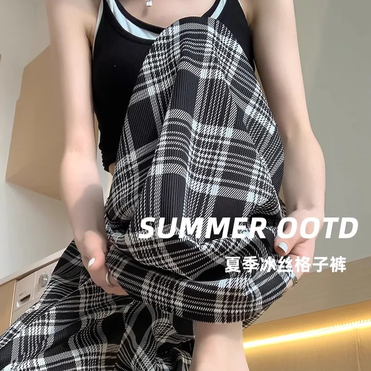 大码格子阔腿裤女夏季薄款2025新款裤子女宽松显瘦垂感直筒休闲裤