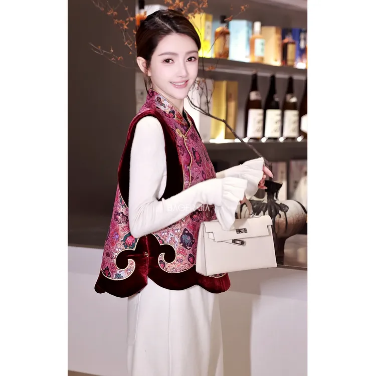 19-【吉象】宝儿家含幂BJ116525411XQ冬款唐锦立领撞色桑蚕丝马甲