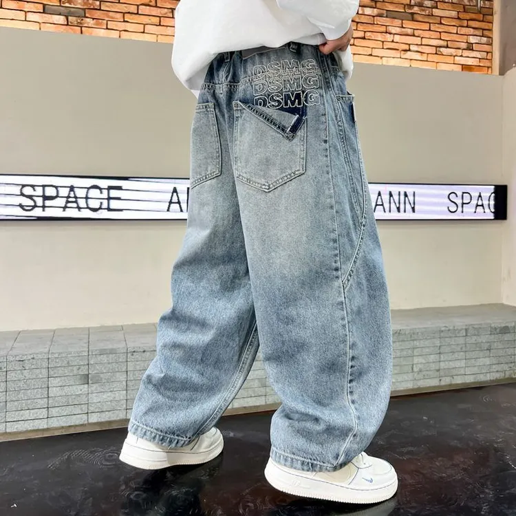 儿童直筒宽松折痕口袋牛仔裤春季2025新款男童长裤中大童裤子春