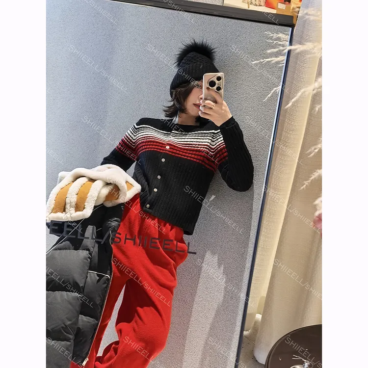 SHIIEELL【条纹序曲】撞色设计华夫格百搭开衫短款秋冬针织衫Z7605