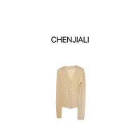 CHENJIALI 【奶雾轻语】法式拼接蕾丝V领花边马海毛温柔长袖针织衫