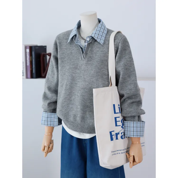 复古撞色衬衫毛衣假两件女宽松百搭文艺潮流冬季休闲针织衫上衣