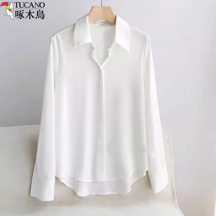 法式白色衬衫新款气质长袖缎面时尚显瘦衬衣女款爆款2025新款正品