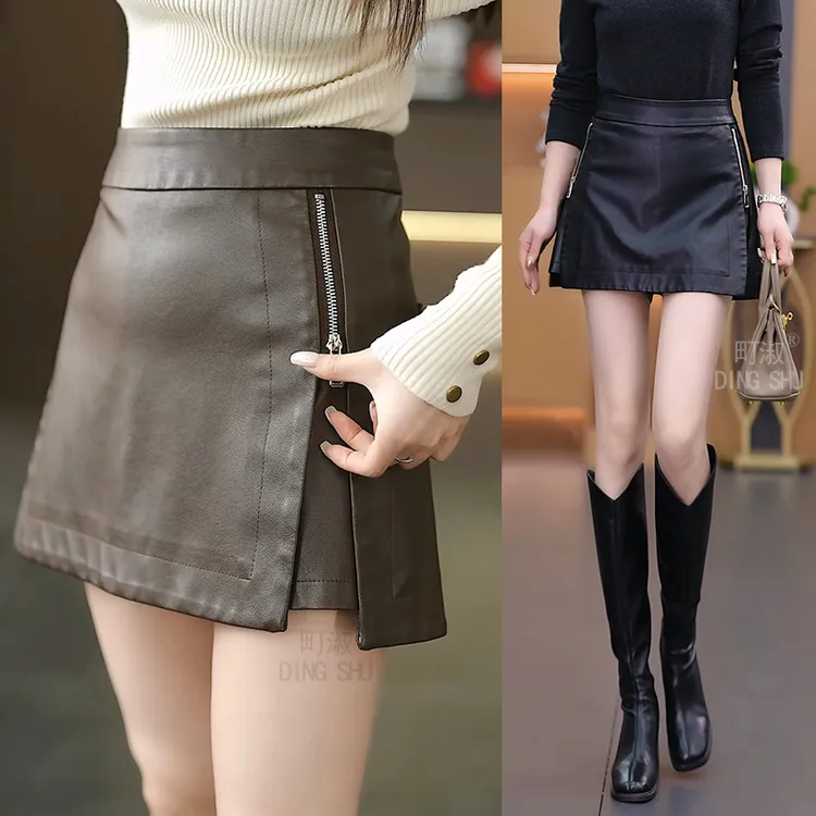 上档次柔软皮裤裙女款半身裙秋冬短裤修身显瘦皮裙一体假两件外穿
