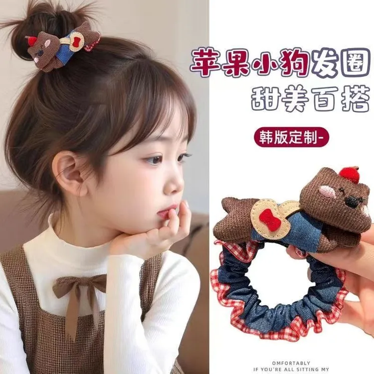 儿童小肠发圈可爱卡通小狗头花女童宝宝牛仔系列高弹力扎发肥肠圈