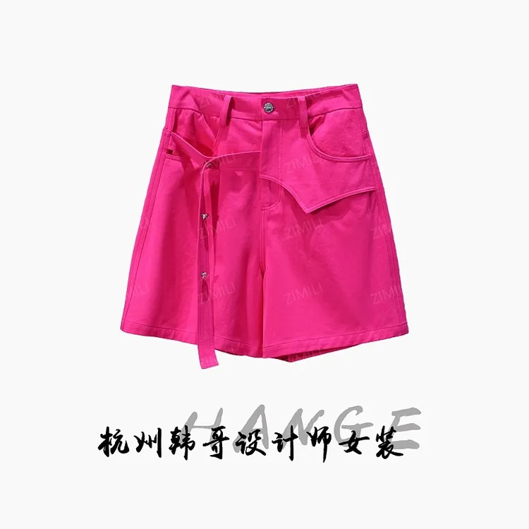 【韩哥女装】纯棉玫红色时尚休闲短裤8023