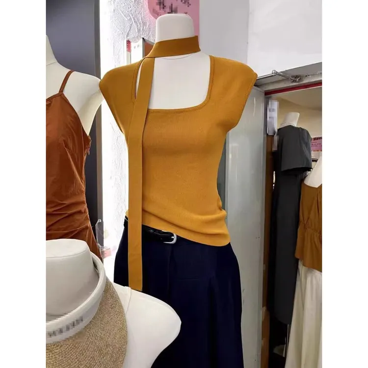 橘色方领挂脖飘带冰丝针织短袖T恤女夏季独特别致修身小飞袖上衣