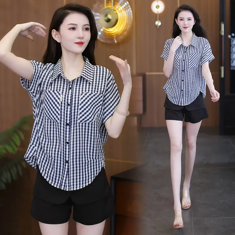 夏季薄款冰凉丝短袖衬衫女宽松显瘦时尚格子衬衣洋气减龄气质上衣