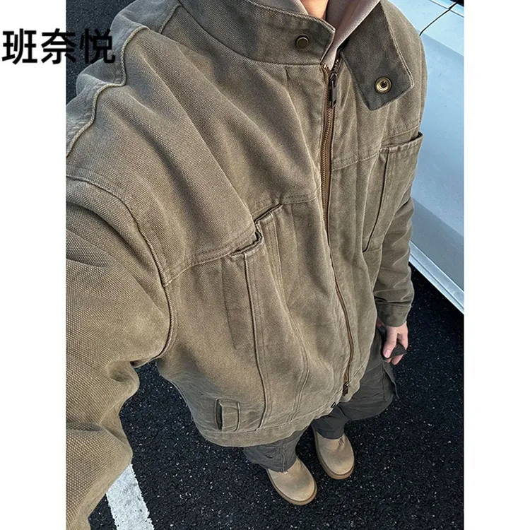 班奈悦美式复古水洗拼接夹克男春秋款cleanfit痞帅工装外套棒球服