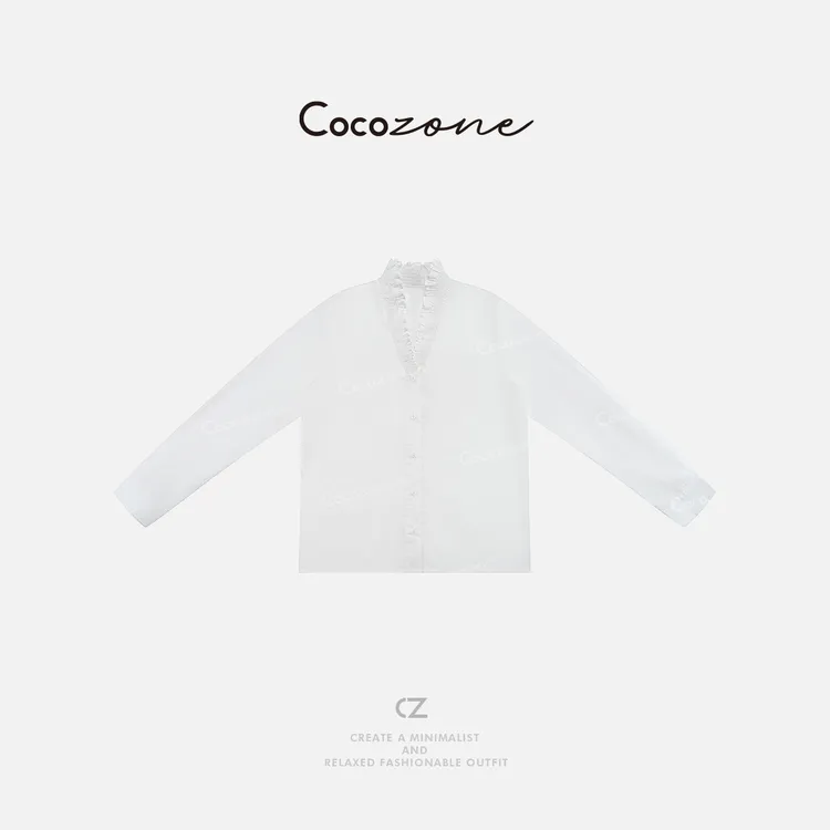COCO ZONE 刘一一“絮语”100棉春季设计木耳边V领长袖衬衫CD1A0052