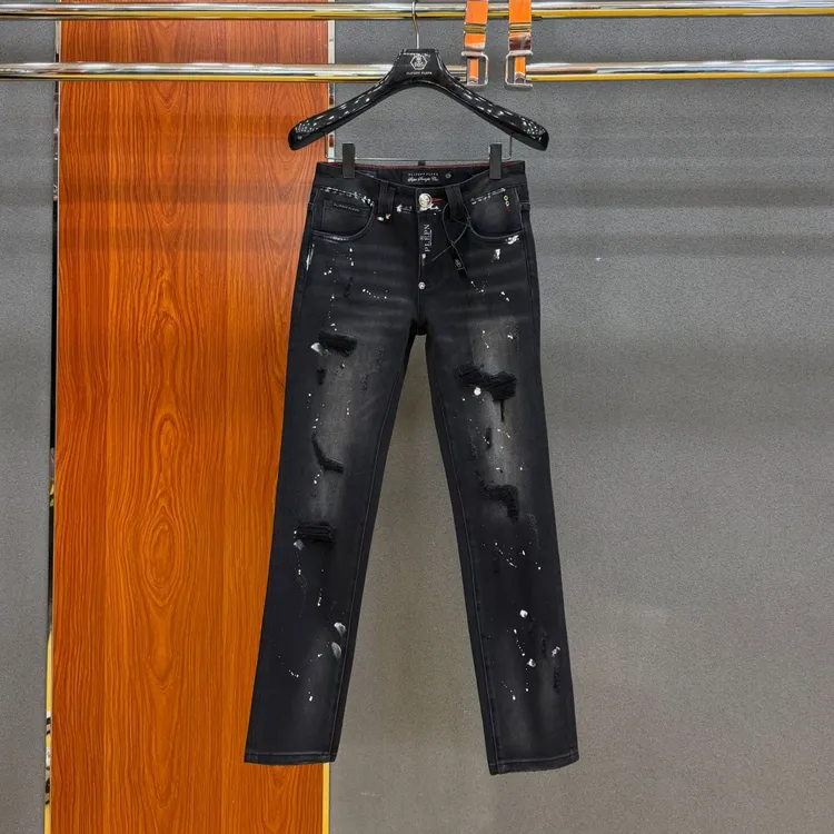 PLIPHPP PLEPN正品PP 新款欧货黑牛高端男士直筒弹力假破洞牛仔裤