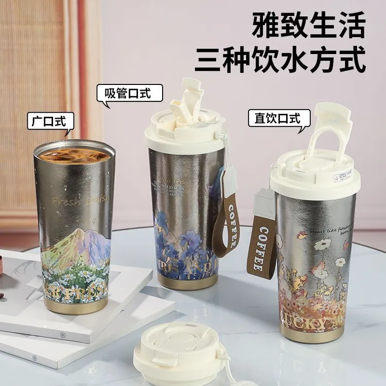 520ml纯钛保温杯创意双饮设计高颜值便携咖啡杯适合纯钛保温水杯