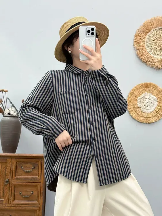 2025秋冬新款夹棉加棉衬衫上衣衬衣长袖休闲宽松条纹韩版纯棉火爆