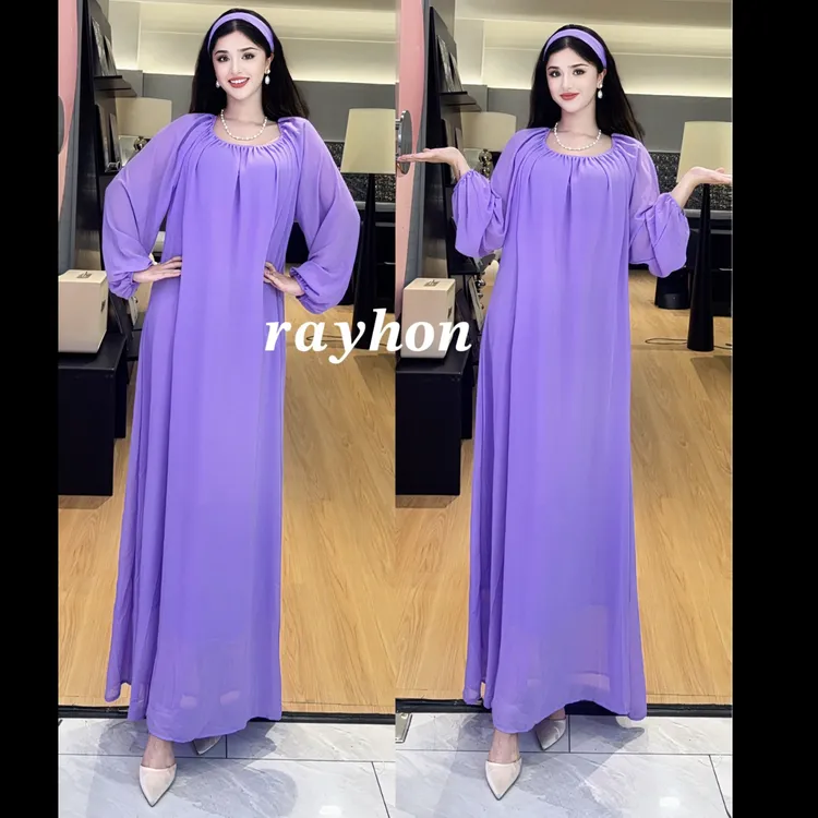 夏季极简风圆领七分袖A字长款纯色百搭显瘦连衣裙