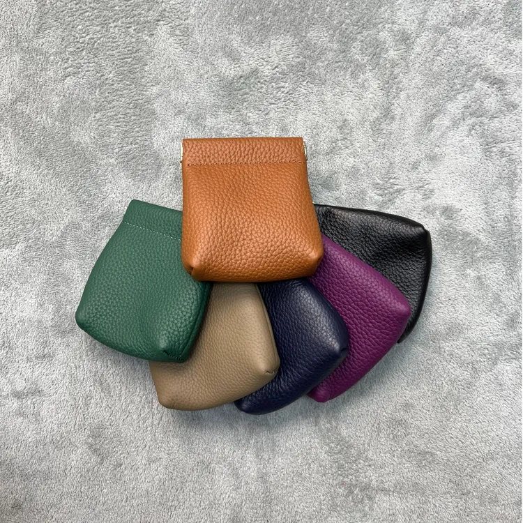 头层牛皮纯色零钱袋真皮自动闭合卡片零钱硬币时尚收纳小包便携