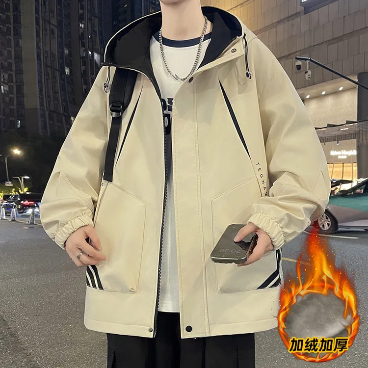外套男生2025新款秋冬季加绒加厚夹克男款港风宽松连帽冲锋衣褂子