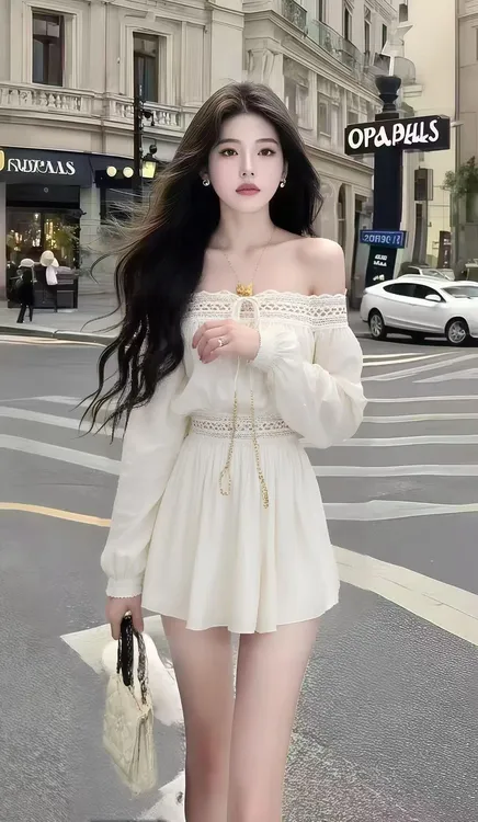 温柔甜美风杏色一字肩露肩长袖收腰抹胸设计感洋气百搭显瘦连衣裙