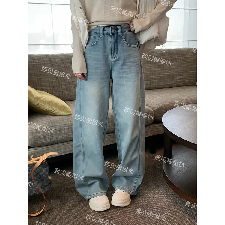 熙贝薇2 冬季新款加绒加厚时髦百搭窄版宽松弯刀牛仔长裤 G5725