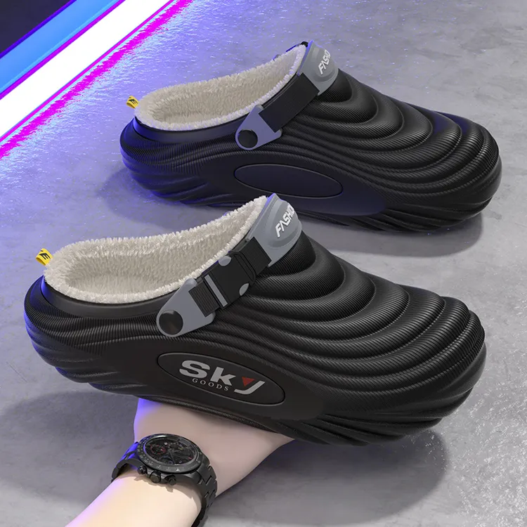 男士保暖棉拖鞋防水防污秋冬季加绒加厚踩屎感洞洞鞋居家外穿防滑