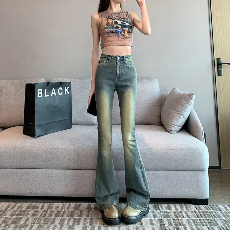 高腰长裤开叉显瘦黄泥复古修身微喇叭弹力潮马蹄牛仔裤女小个子染