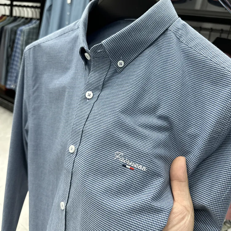 in cotton sea高档格子长袖衬衫男士春秋款刺绣免烫时尚休闲衬衣