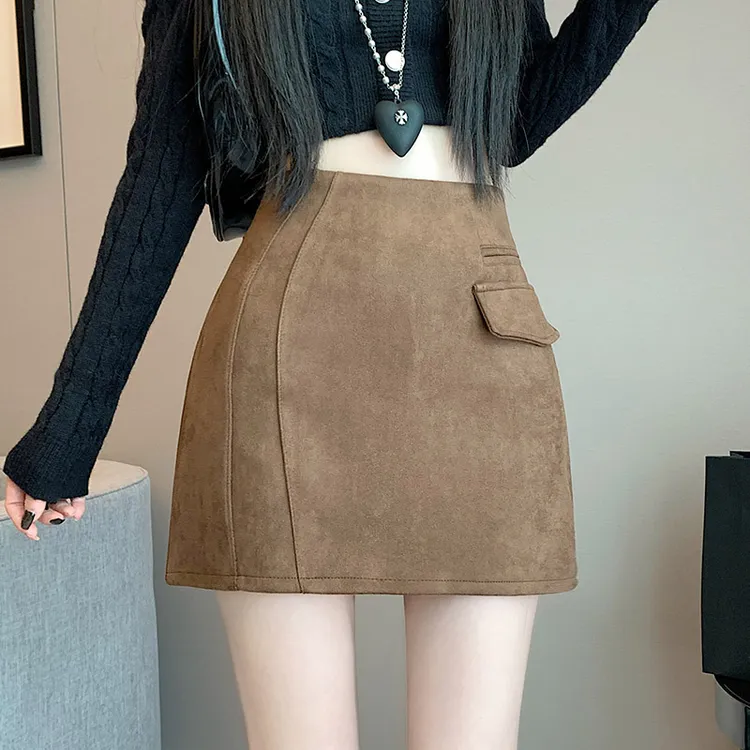 复古高腰麂皮a字半身裙女2025年秋冬季新款黑色包臀裙显瘦短裙子