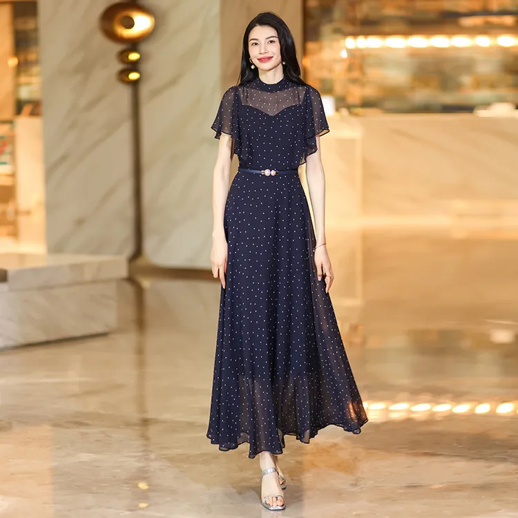 藏蓝色波点连衣裙女2025夏新款修身显瘦气质裙子大摆优雅减龄长裙