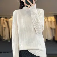 100纯羊毛秋冬新款女半高领提花长袖毛衣宽松针织打底上衣