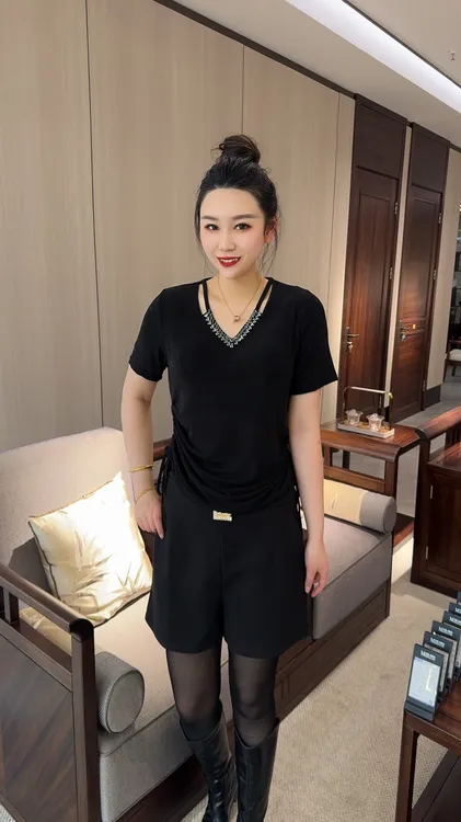 领口重工串珠夏季没有抽绳显瘦上衣气质网红针织时尚休闲百搭黑色