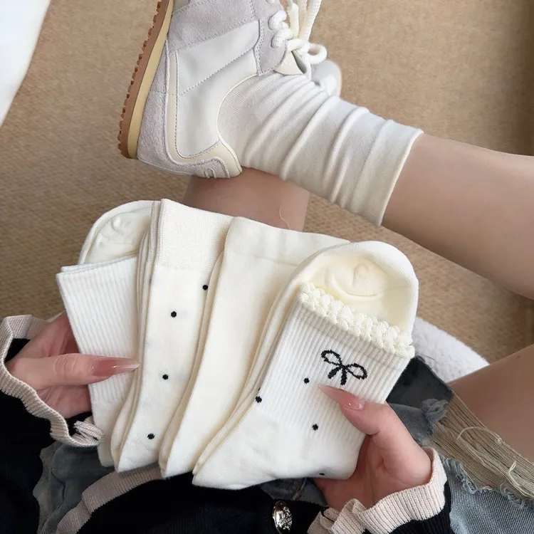 秋季新品中筒袜纯色月子袜波点蝴蝶结花边袜堆堆潮袜学生袜子四季