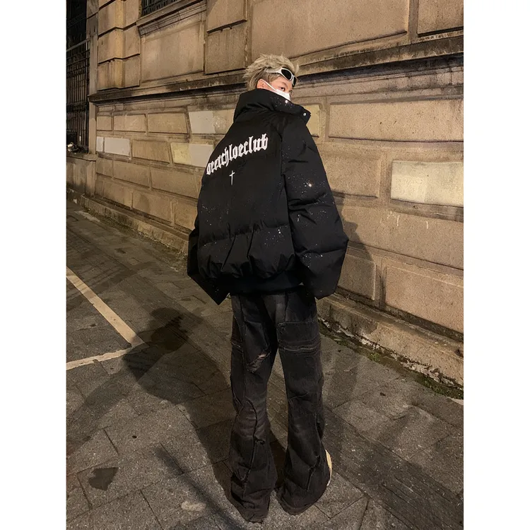 美式高街满天星短款棉服男冬季加厚vibe潮牌潮男痞帅立领棉衣外套