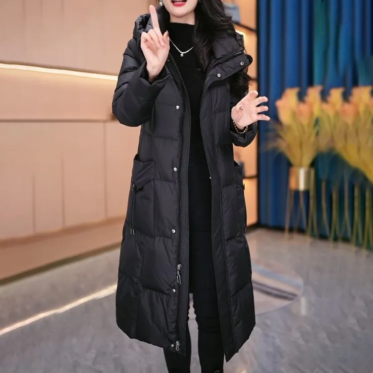 新款羽绒服中长款休闲时尚连帽过膝加厚冬季女士宽松拼接羽绒外套