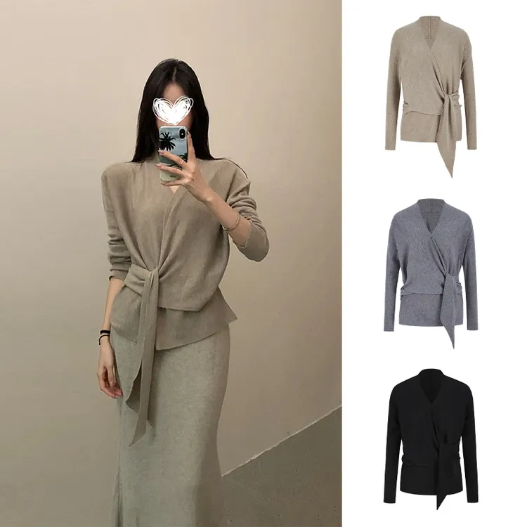 Moses Queen/魔西女王慵懒风交叉绑带长袖针织衫收腰显瘦气质上衣