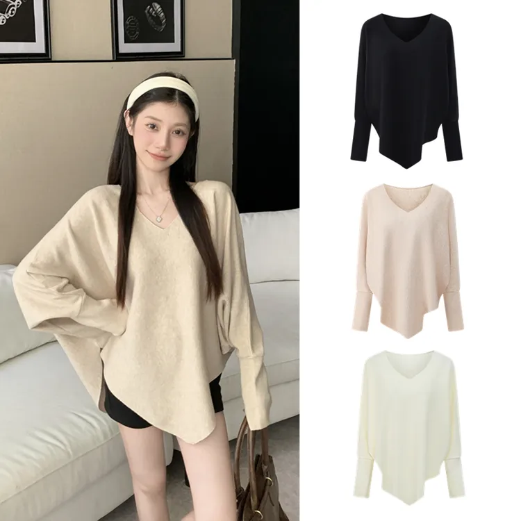 新款宽松蝙蝠袖V领不规则长袖毛针织女秋冬软糯慵懒感百搭上衣