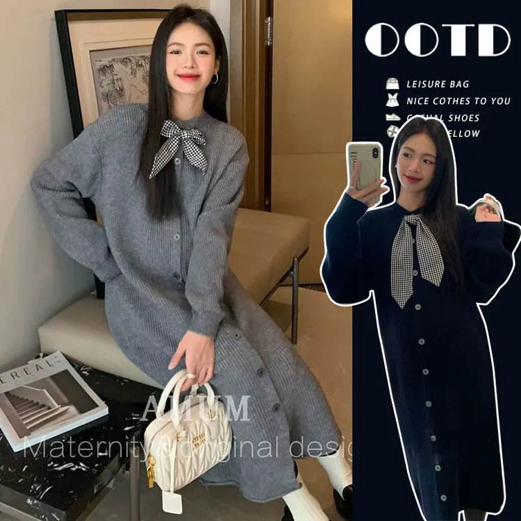 2025孕妇装秋冬中长款针织连衣裙女宽松冬季加厚针织毛衣裙