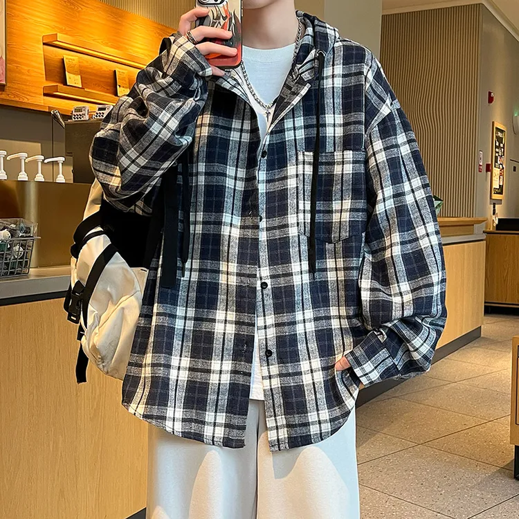 青少年学院风黑白格子长袖衬衫男生潮牌宽松连帽衬衣2025秋季外套