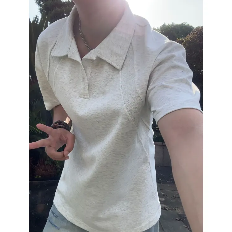 白花灰色正肩短袖男款夏季polo衫拼接设计感t恤重磅衬衫领五分袖