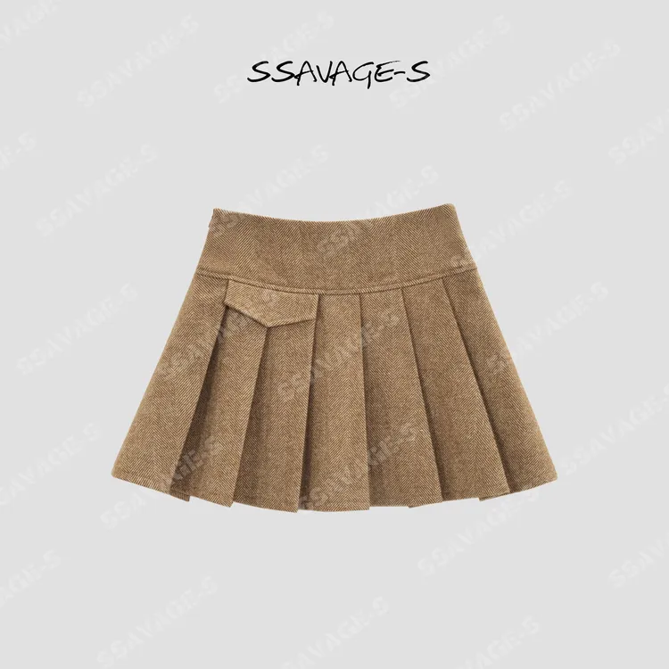 SSAVAGE“藤校周末”学院风羊毛呢高腰百褶半裙短裙SS90911