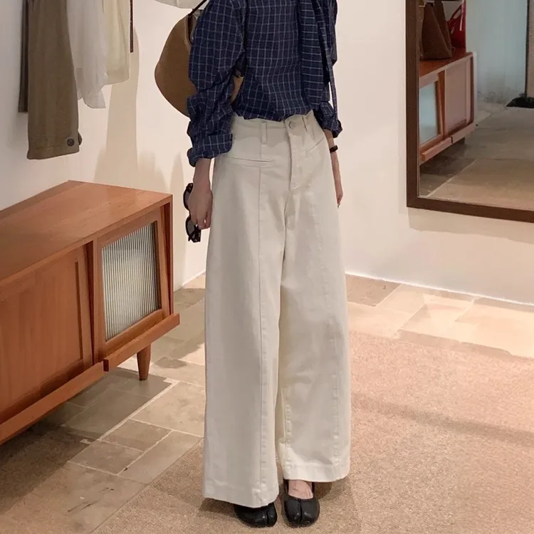 韩版中线阔腿白色休闲裤女2025春夏新款高腰直筒高级长裤子