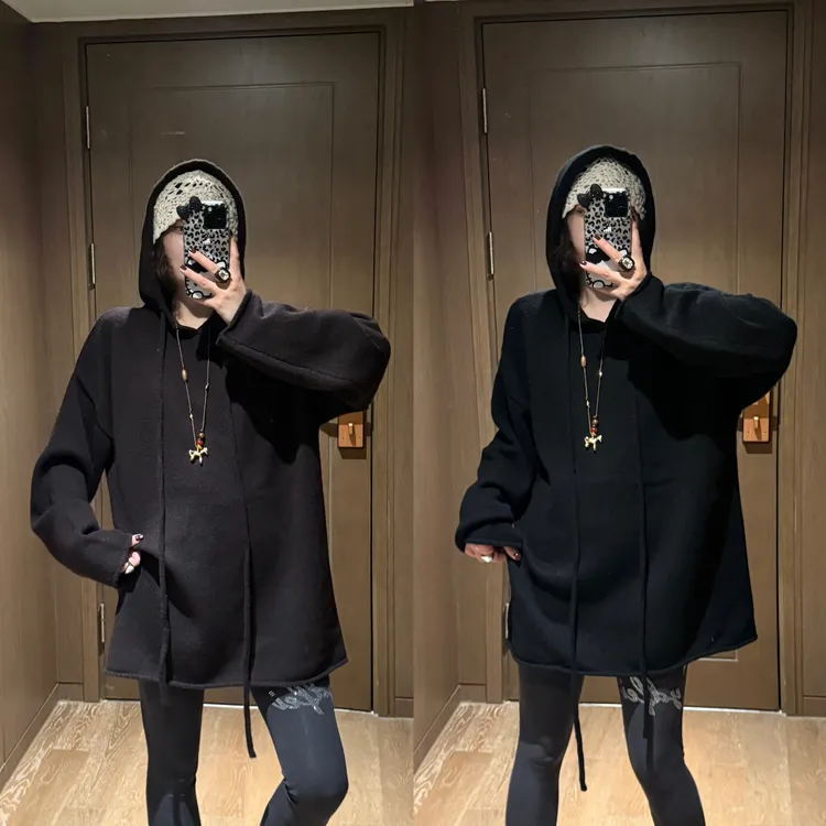YDFSTUDIO小众【黑色幽默】欧货重工连帽美丽诺羊毛拼接设计毛衣