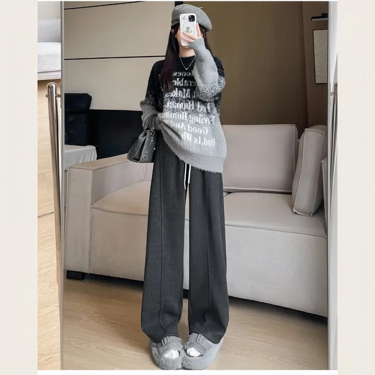 【运补6-8元】人字纹阔腿裤女秋冬2025加绒高腰休闲加厚弯刀裤3629