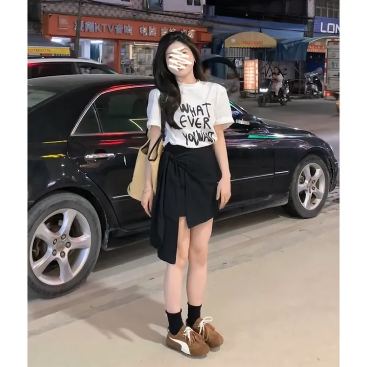 2025夏季新款韩系穿搭圆领短袖印花上衣设计感高腰显瘦A字半身裙