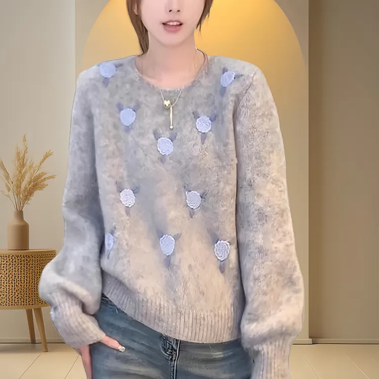 韩系刺绣花软糯毛衣女秋冬新款重工套头针织衫减龄时尚设计感宽松