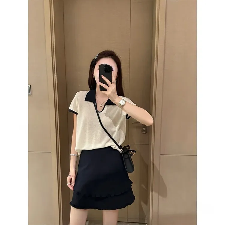 M82撞色翻领冰丝短袖T恤衫女新款夏季薄款宽松洋气百搭针织上衣