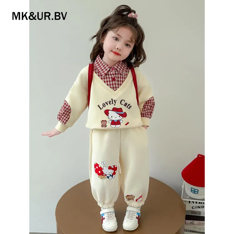 MK&UR.BV女童秋装2025新款洋气时髦儿童衣服格子领卫衣休闲两件套