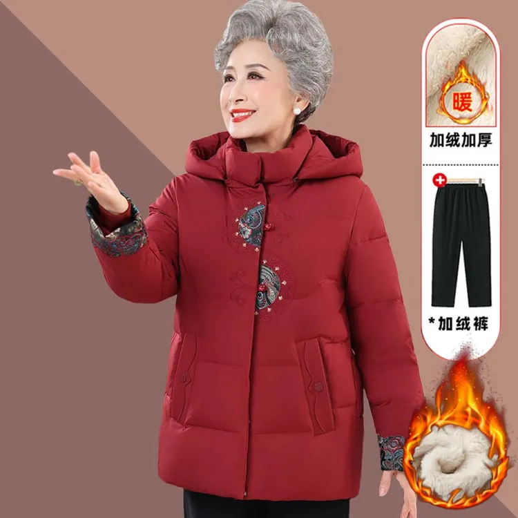 奶奶连帽棉袄外套老年人冬装女加绒棉服老太太老人加厚中长款棉衣