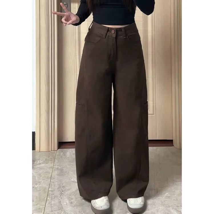 小个子美拉德裤子复古棕色工装裤阔腿女秋季街头辣妹宽松牛仔长裤