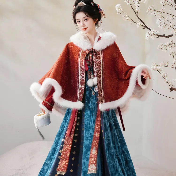宝钿青黛 国风保暖红色斗篷唐制齐胸连衣裙加厚冬装汉元素古装