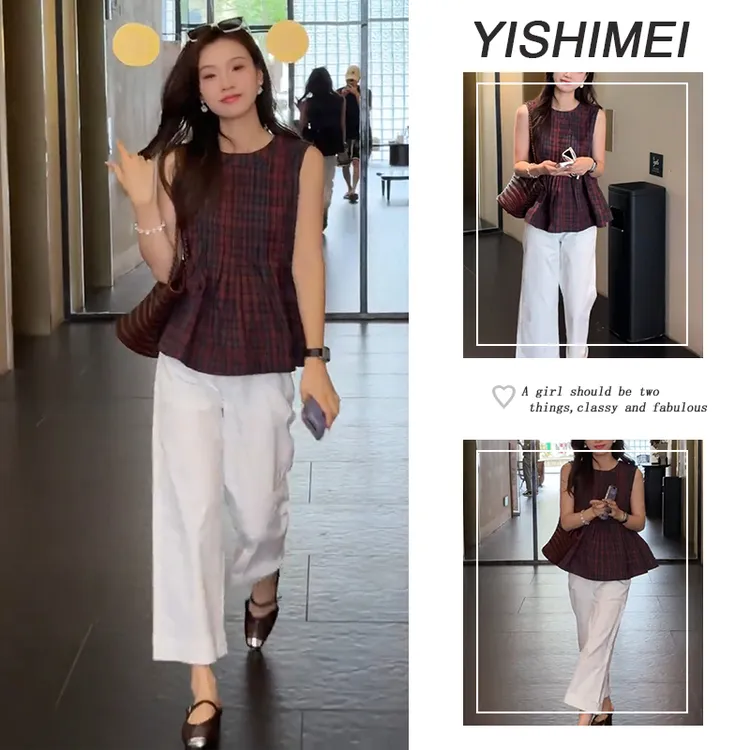 夏季超火一整套2025年新款爆款复古百搭无袖格子上衣休闲裤两件套