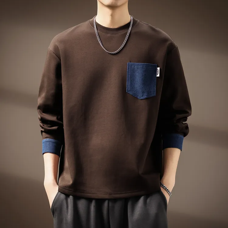 高端撞色牛仔空气层卫衣男秋季300g重磅美式复古莱赛尔宽松上衣男